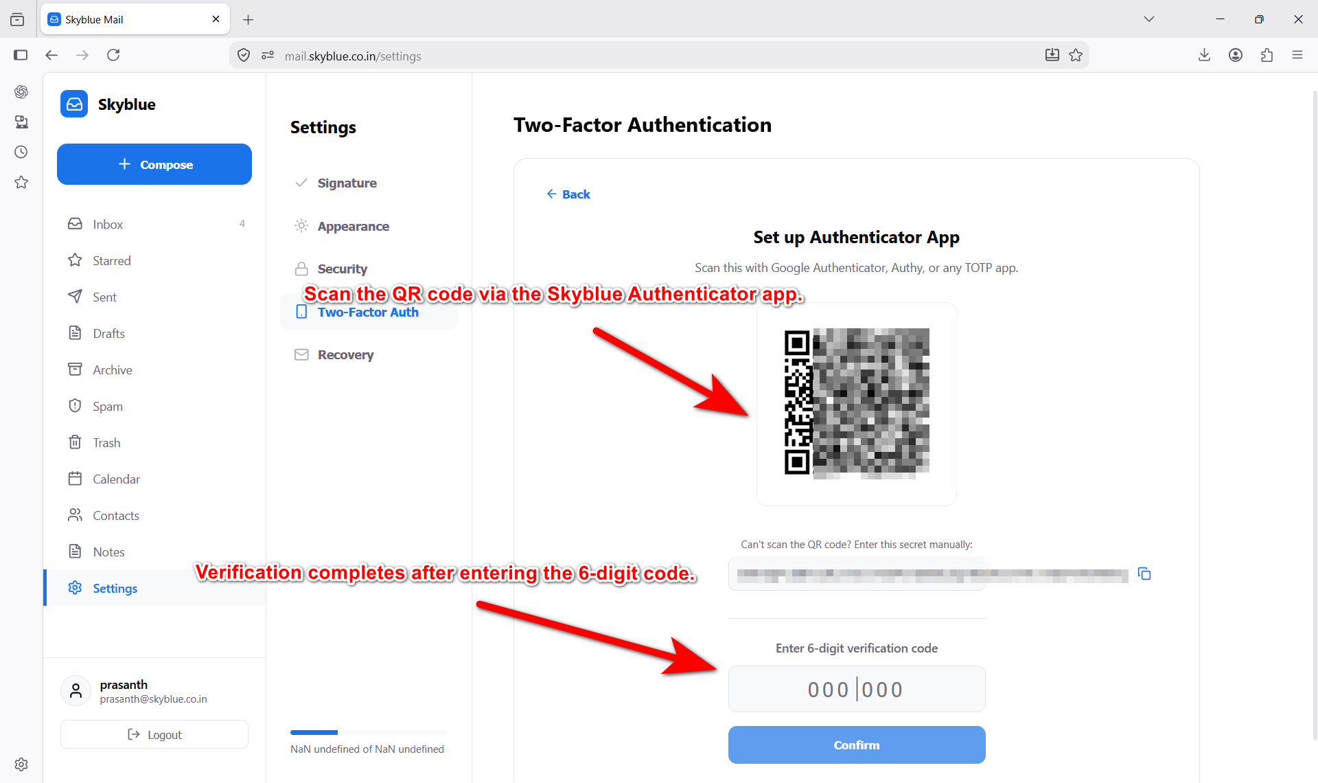Settings page with an arrow pointing to the Two-Factor Auth menu item